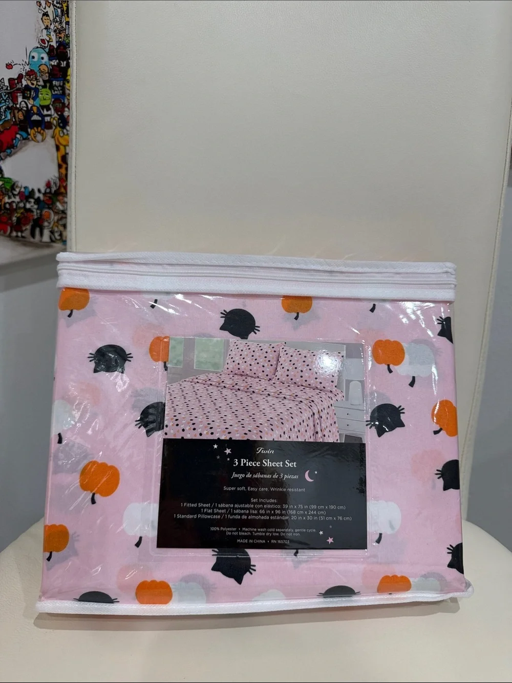 Pink/Black/Orange Halloween Pumpkin & Cat Twin 3-Piece Sheet Set